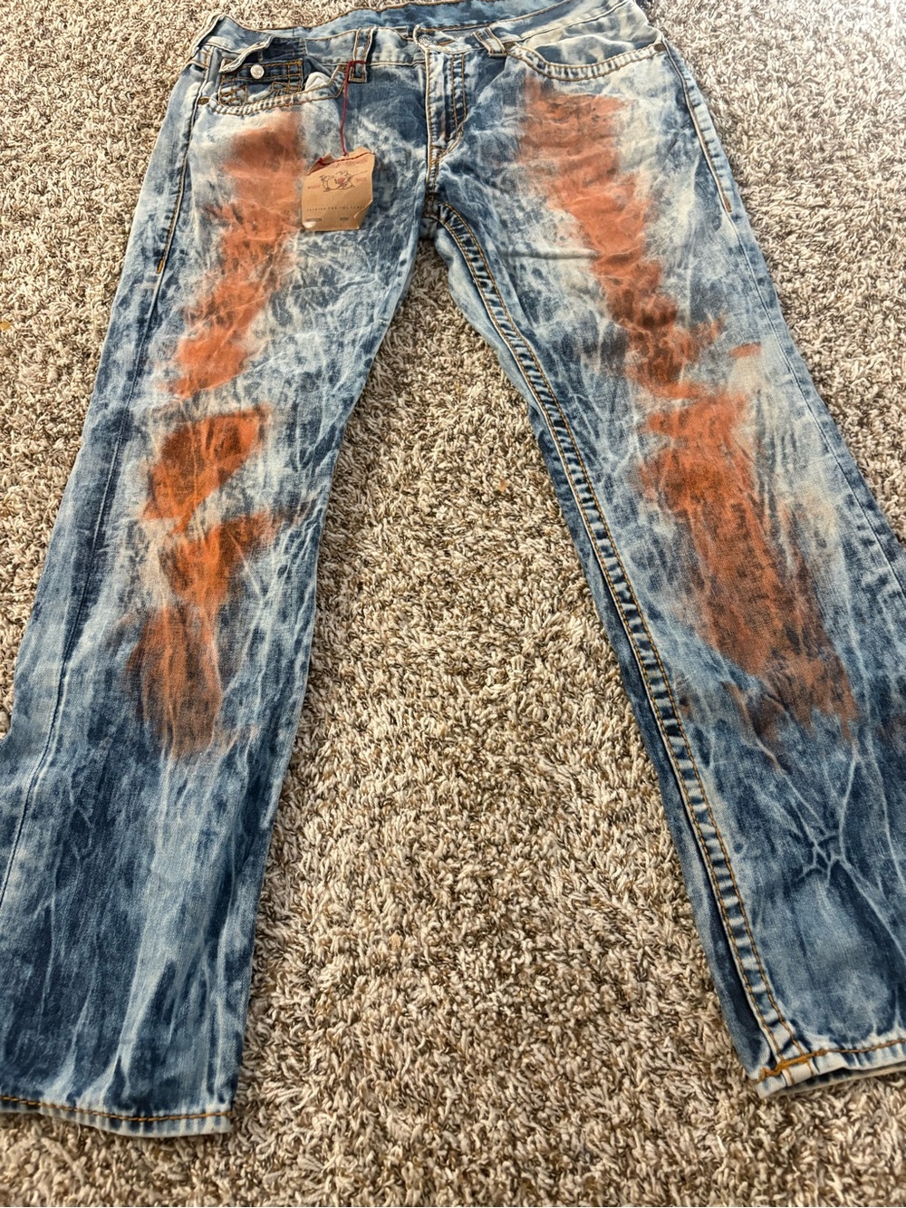 True Religion Men's Acid-Wash Blue Jeans with Rust Accent NEW 38x32